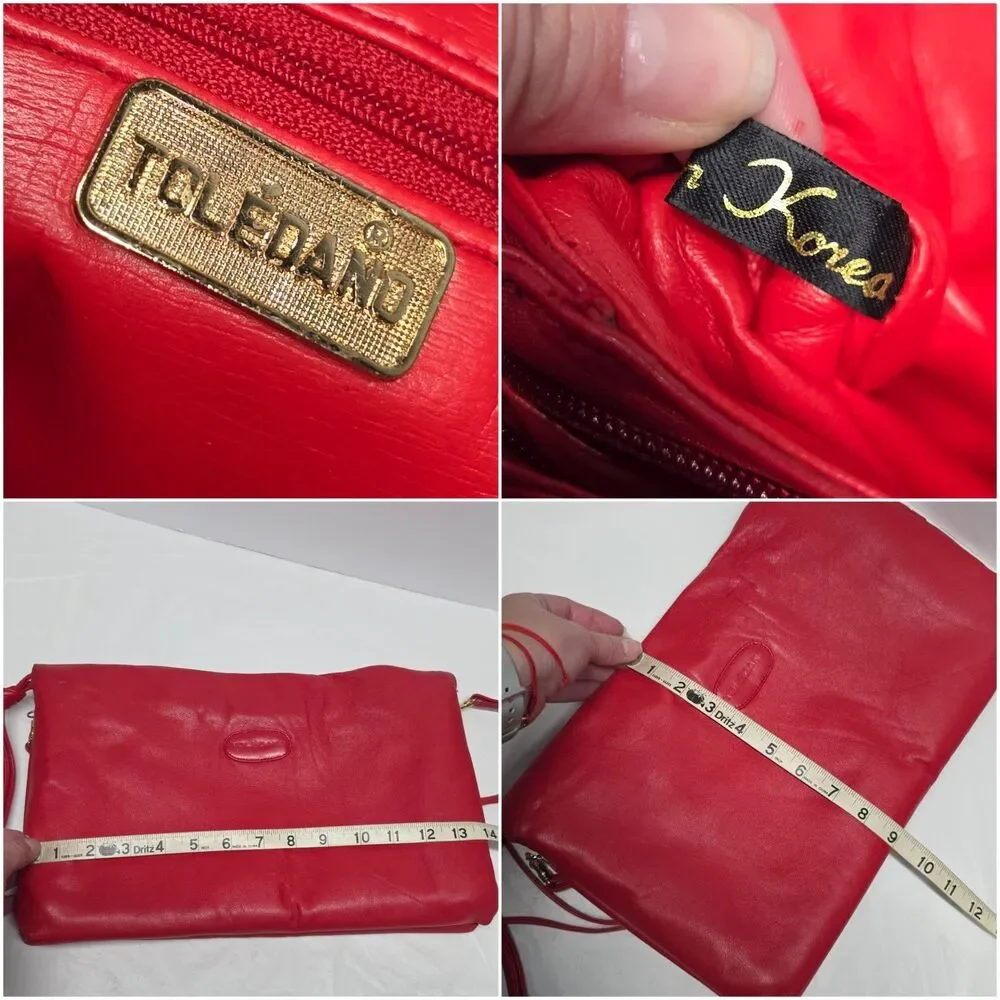 Vintage 70s TOLEDANO Red Soft Genuine Leather Large Clutch Or Crossbody